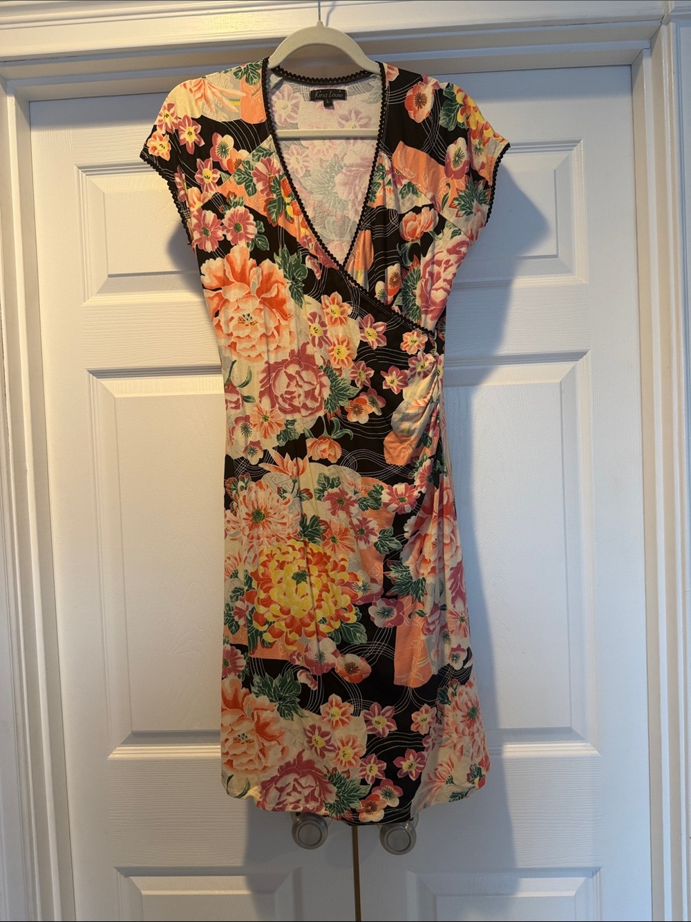 Floral Wrap-Style Midi Dress in Black with Peach and Pink Blooms